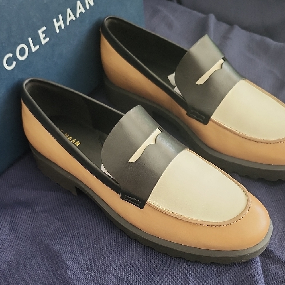 Cole Haan Tan and Black Slip-On Loafers with Modern Design